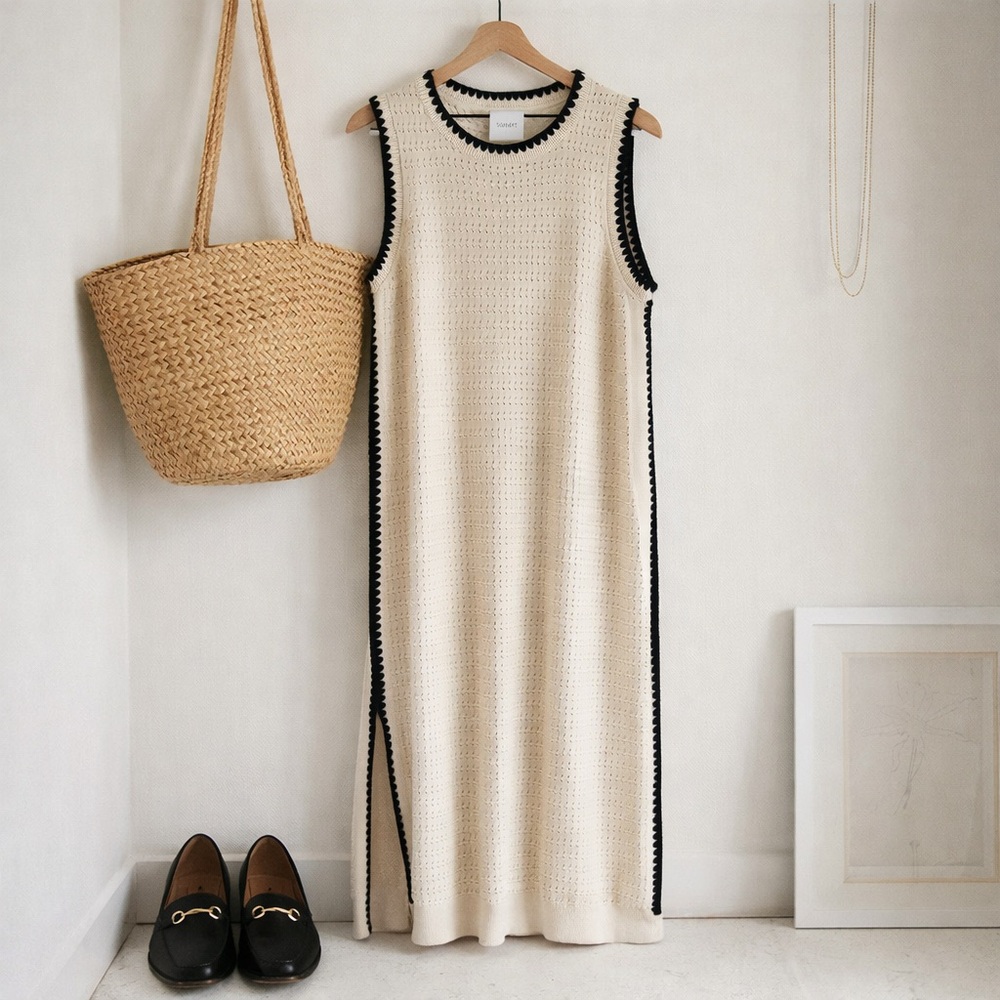 Varley Dwight Tank Knit Dress Cream Black Trim Cotton Midi Minimalist - Picture 2 of 12